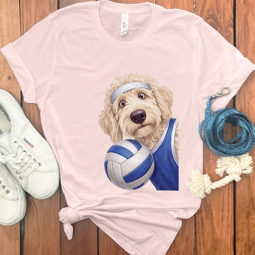 Cream Goldendoodle Volleyball Player T-Shirt in Soft Pink / S by Puppy Jo