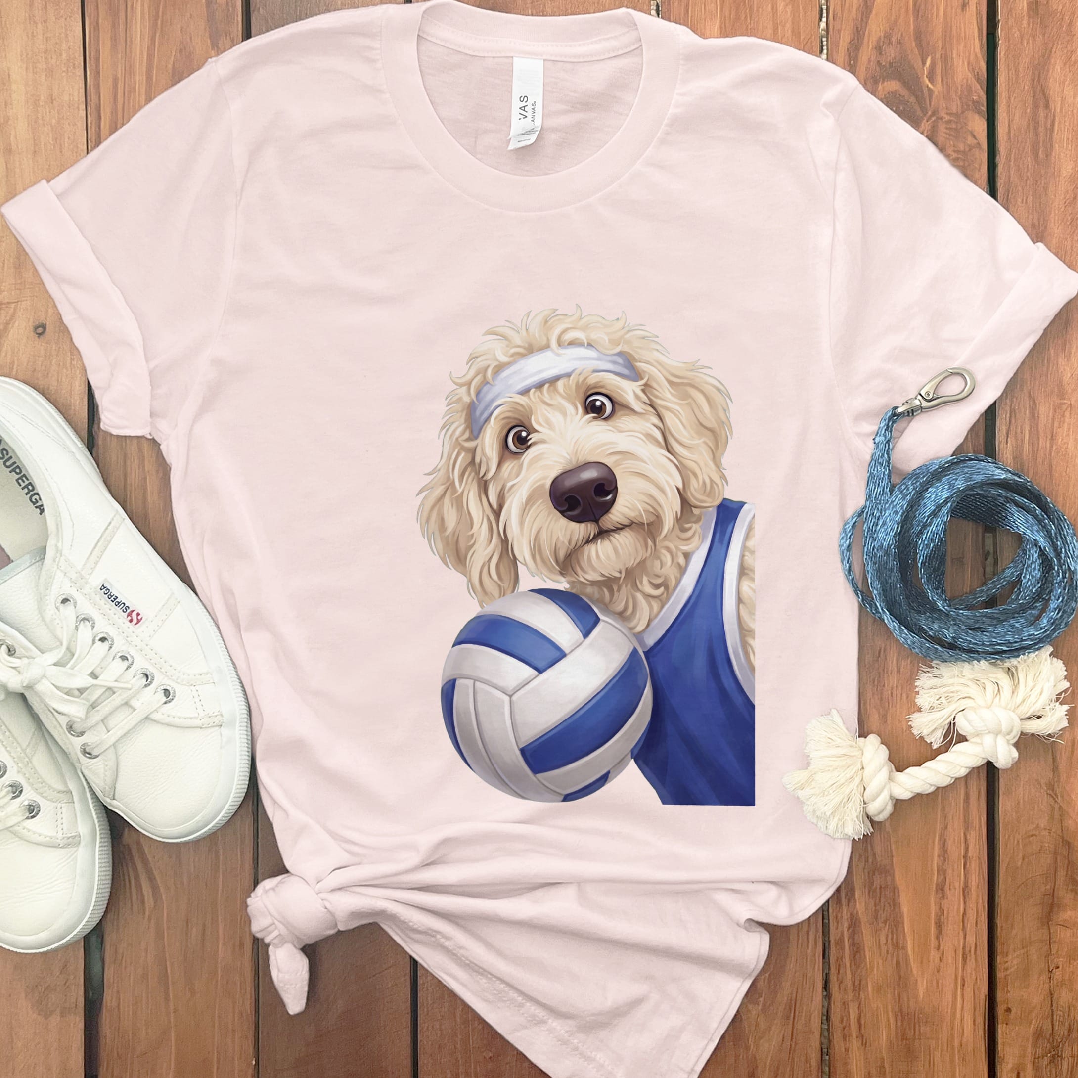 Cream Goldendoodle Volleyball Player T-Shirt in Soft Pink / S by Puppy Jo