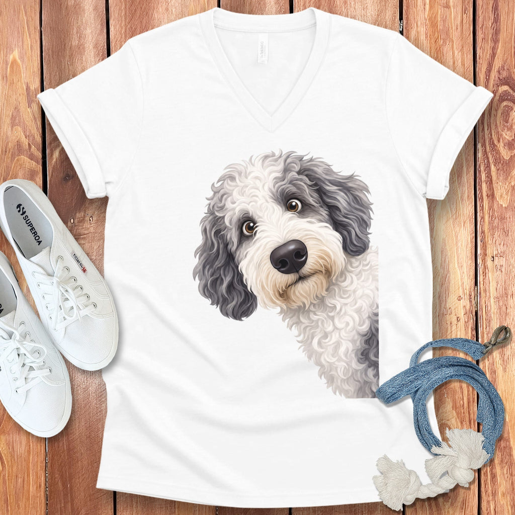 Funny Peeking Sheepadoodle V-Neck T-Shirt in White / S by Puppy Jo