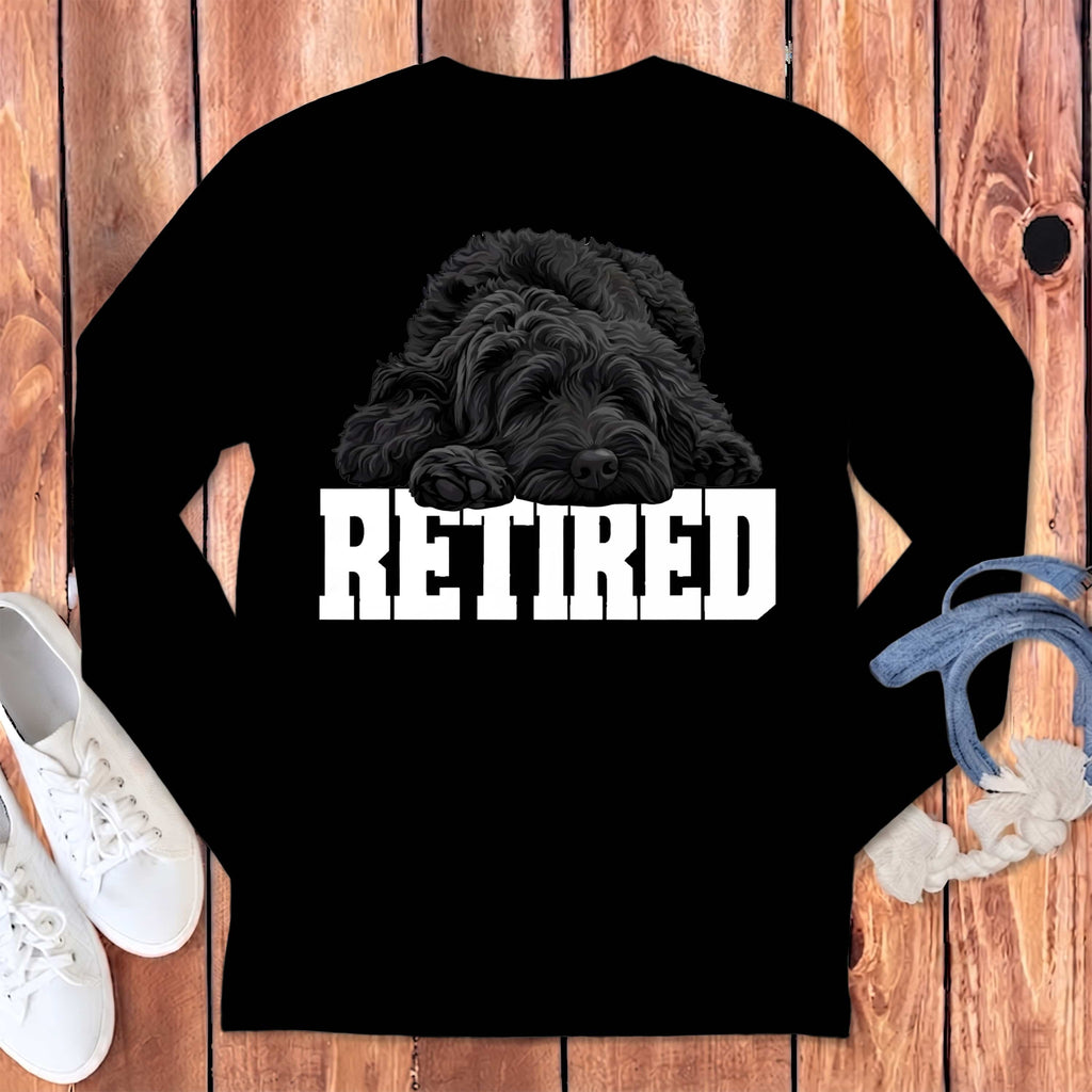 Retired Sleeping Black Goldendoodle Long Sleeve T-Shirt in Black / S by Puppy Jo