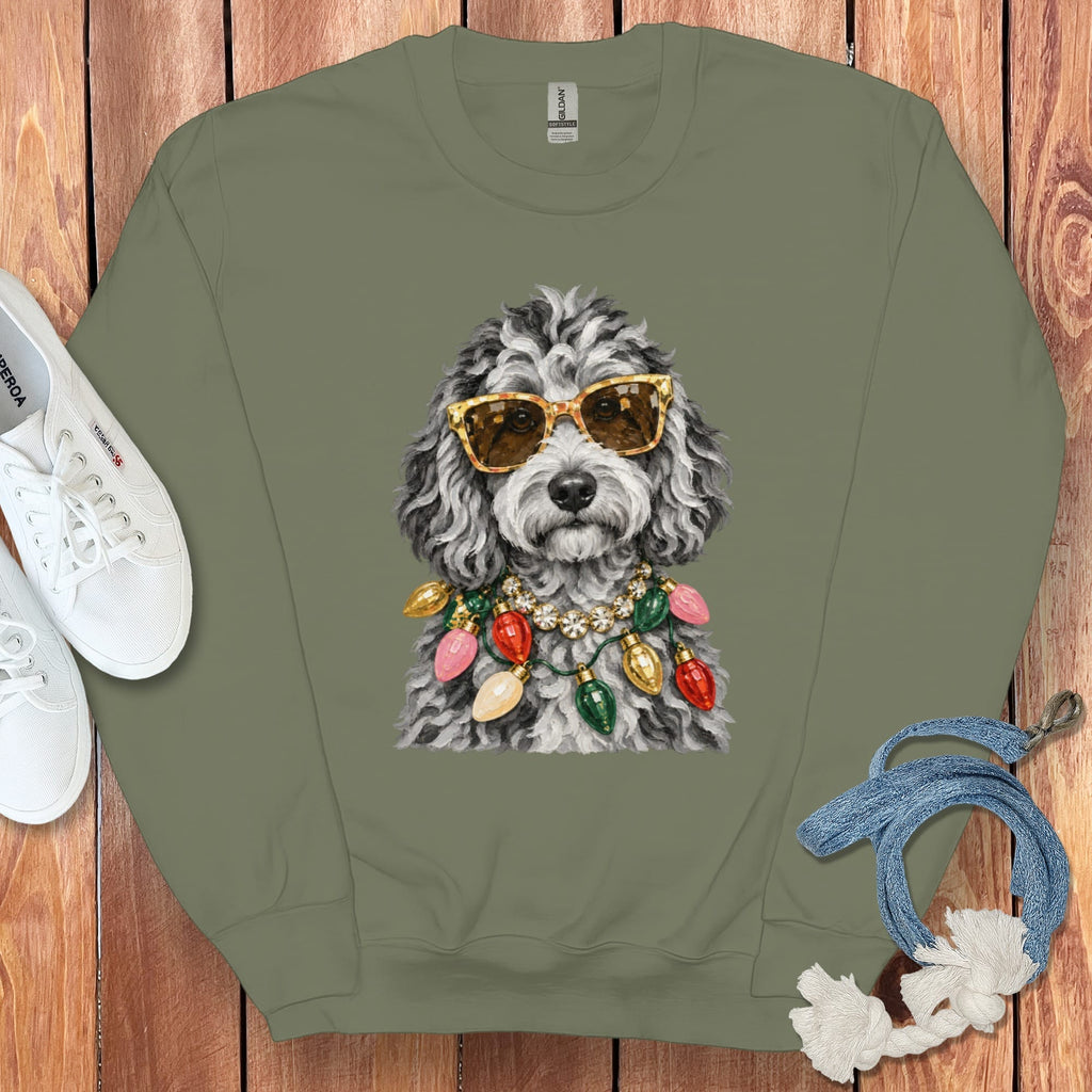 Merle Goldendoodle Christmas Glam Sweatshirt in Military Green / S by Puppy Jo