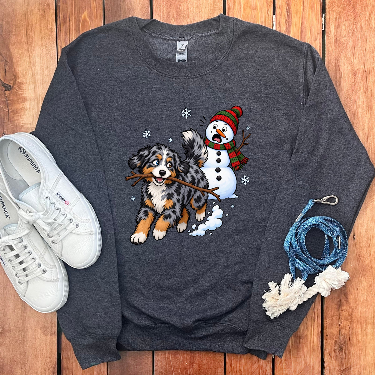 Aussiedoodle Snowman Sweatshirt in Dark Heather / S by Puppy Jo