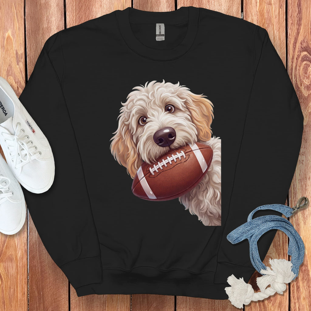 Black sweatshirt with cartoon dog holding football graphic.