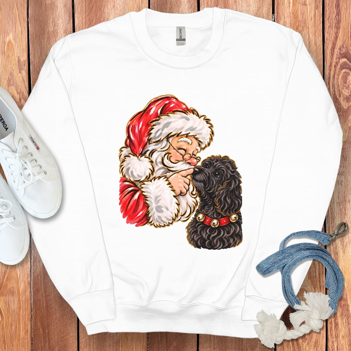 Black Goldendoodle Santa Kiss Sweatshirt in White / S by Puppy Jo