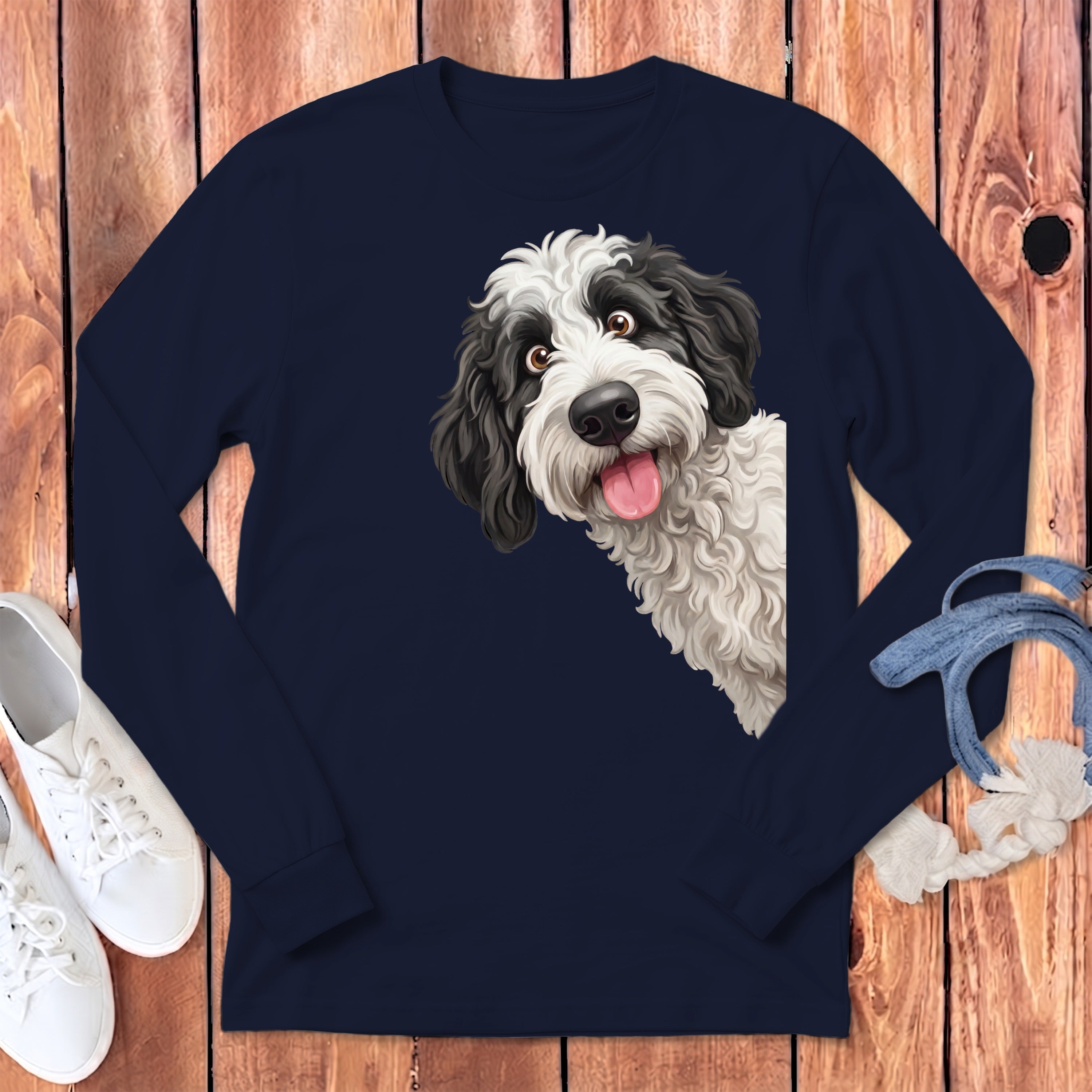 Long sleeve navy shirt with a black and white doodle dog graphic peeking from the side.
