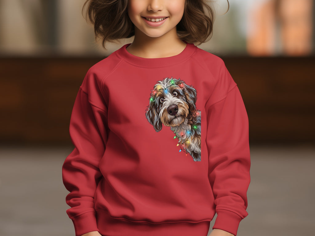 Red sweatshirt with a printed poodle wearing colorful Christmas lights.