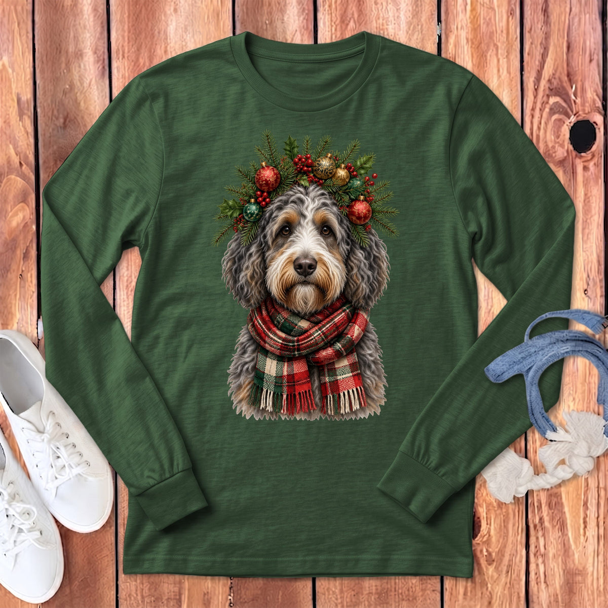 Aussiedoodle Holiday Crown Long Sleeve T-Shirt in Heather Forest / S by MyDesigns