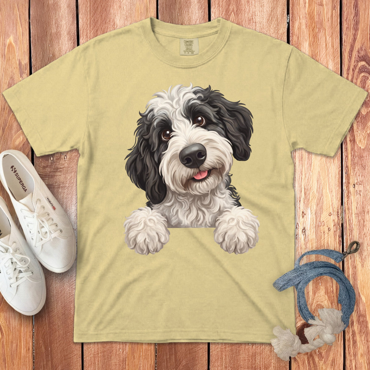 Light yellow t-shirt with black and white dog graphic; white sneakers and rope toy on wooden background.