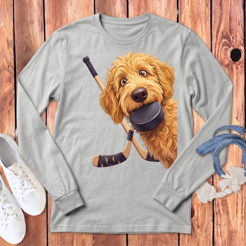 Golden Goldendoodle Hockey Long Sleeve T-Shirt in Athletic Heather / S by Puppy Jo