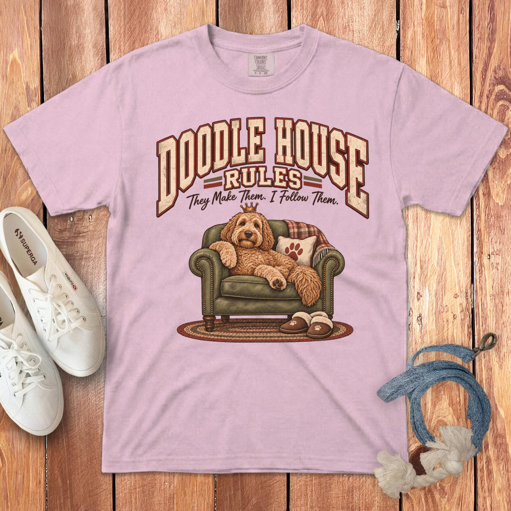 Pink t-shirt with "Doodle House Rules" graphic of a dog on a couch.