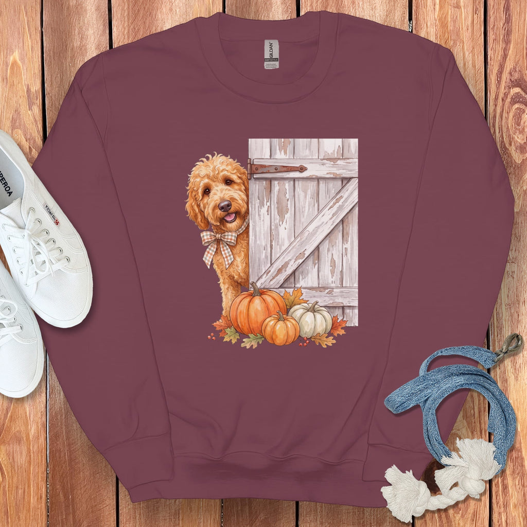 Golden Goldendoodle Barn Peeking Sweatshirt in Maroon / S by Puppy Jo