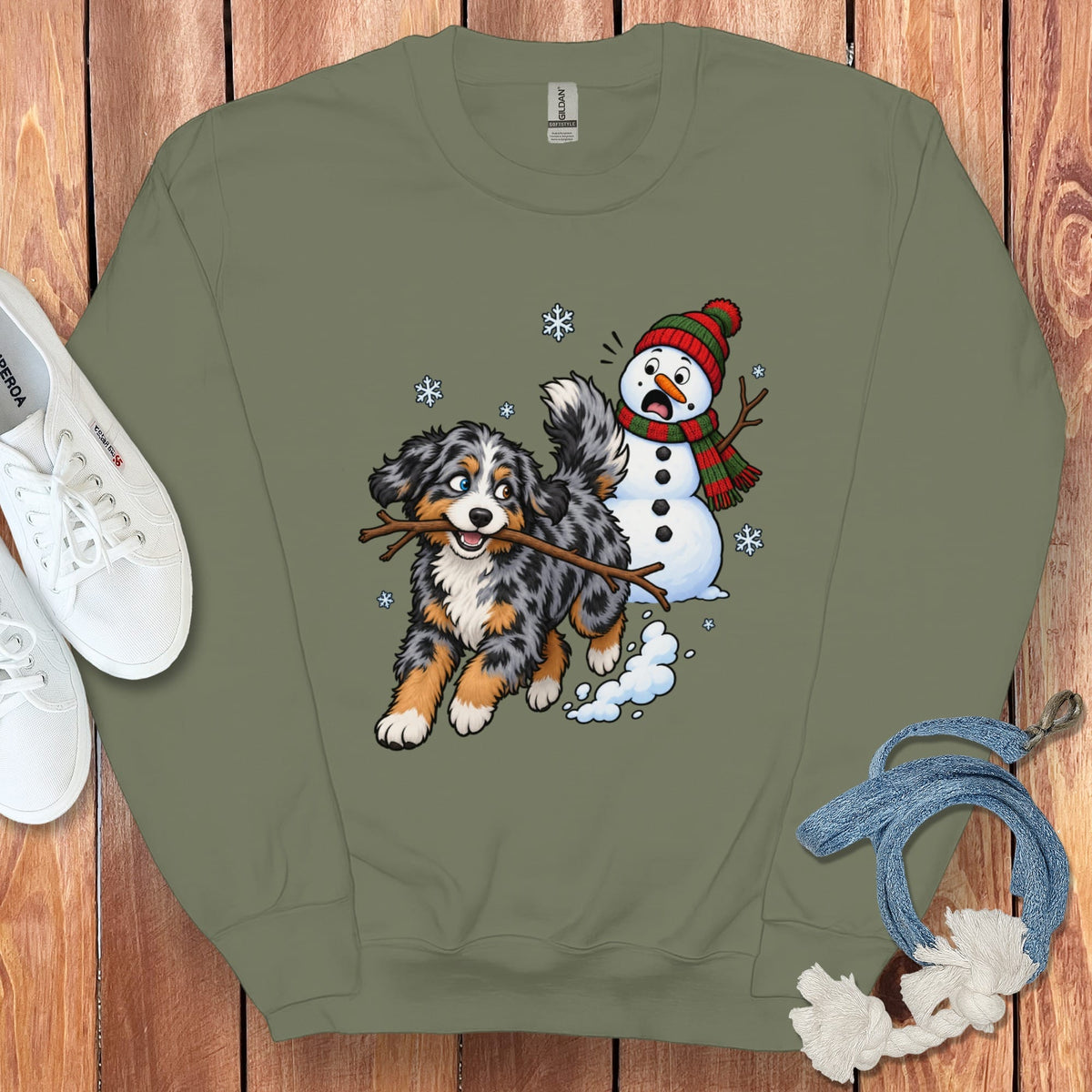 Aussiedoodle Snowman Sweatshirt in Military Green / S by Puppy Jo