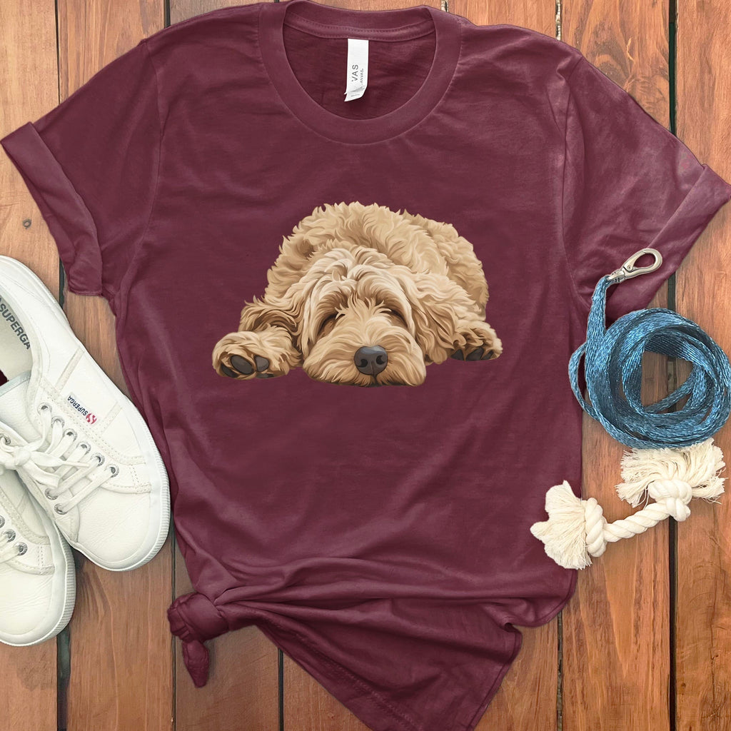 Golden Goldendoodle Snoozing T-Shirt in Maroon / S by Puppy Jo