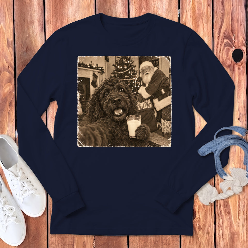 Navy long-sleeve t-shirt featuring a vintage sepia graphic of a dog holding a glass of milk with Santa Claus.