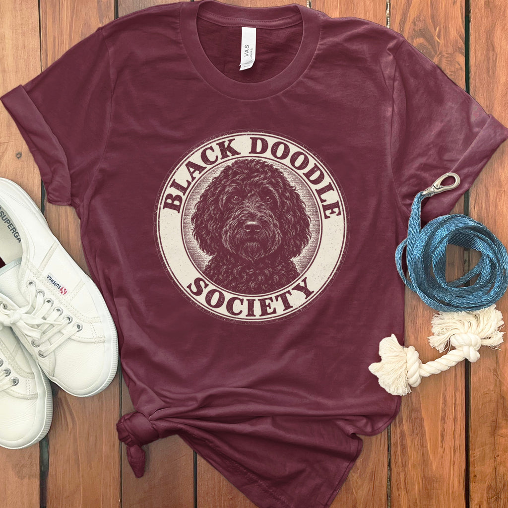 Maroon t-shirt with "Black Doodle Society" text and a doodle dog illustration.