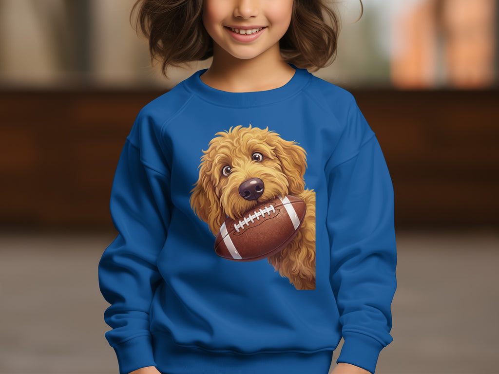 Blue sweatshirt with a cartoon doodle dog holding a football graphic.
