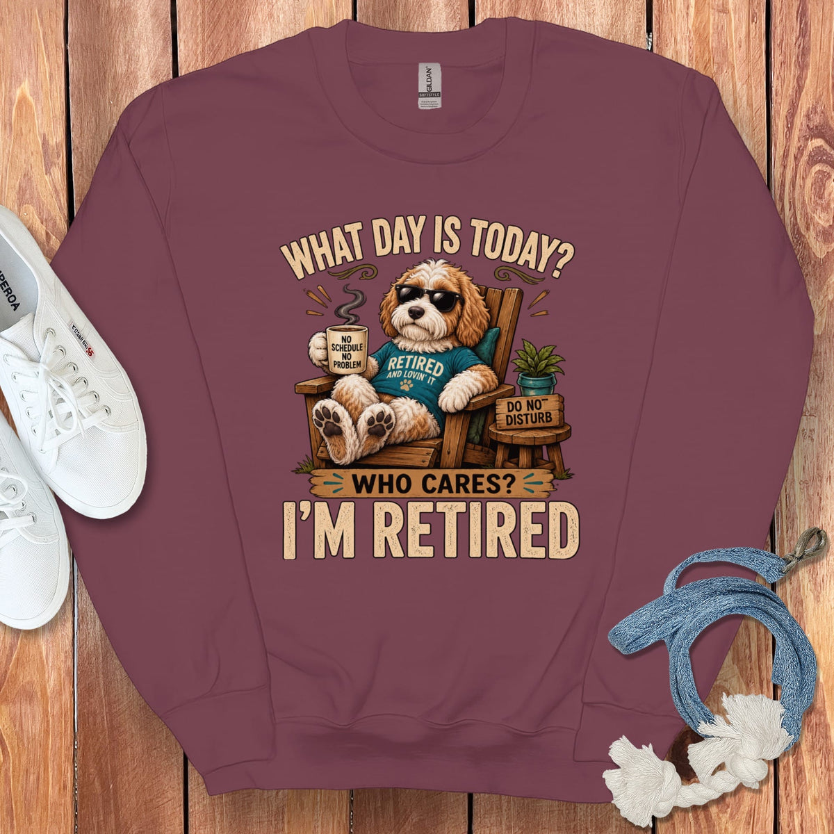 I'm Retired Parti Goldendoodle Sweatshirt in Maroon / S by Puppy Jo