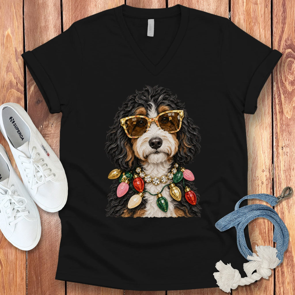 Bernedoodle Christmas Glam V-Neck T-Shirt in Black / S by Puppy Jo