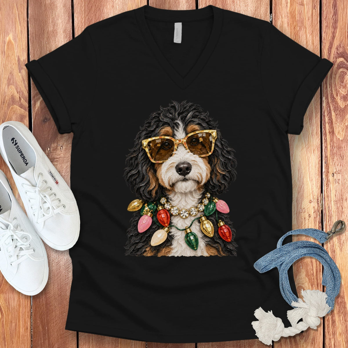 Bernedoodle Christmas Glam V-Neck T-Shirt in Black / S by Puppy Jo