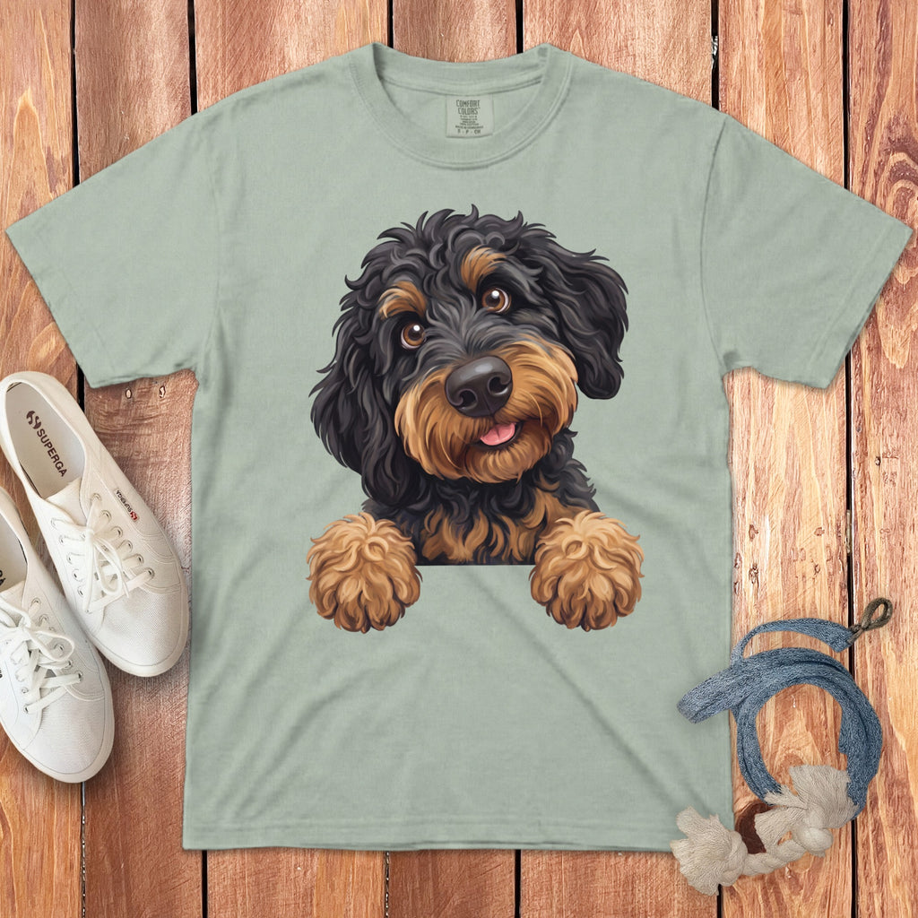 T-shirt with a cute doodle dog illustration and a pair of white sneakers.