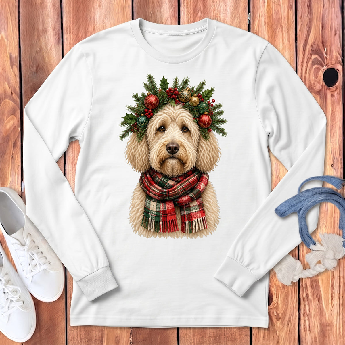 Cream Goldendoodle Holiday Crown Long Sleeve T-Shirt in White / S by MyDesigns