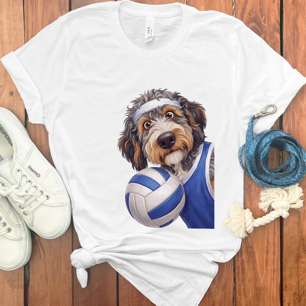 Aussiedoodle Volleyball Player T-Shirt in White / S by Puppy Jo