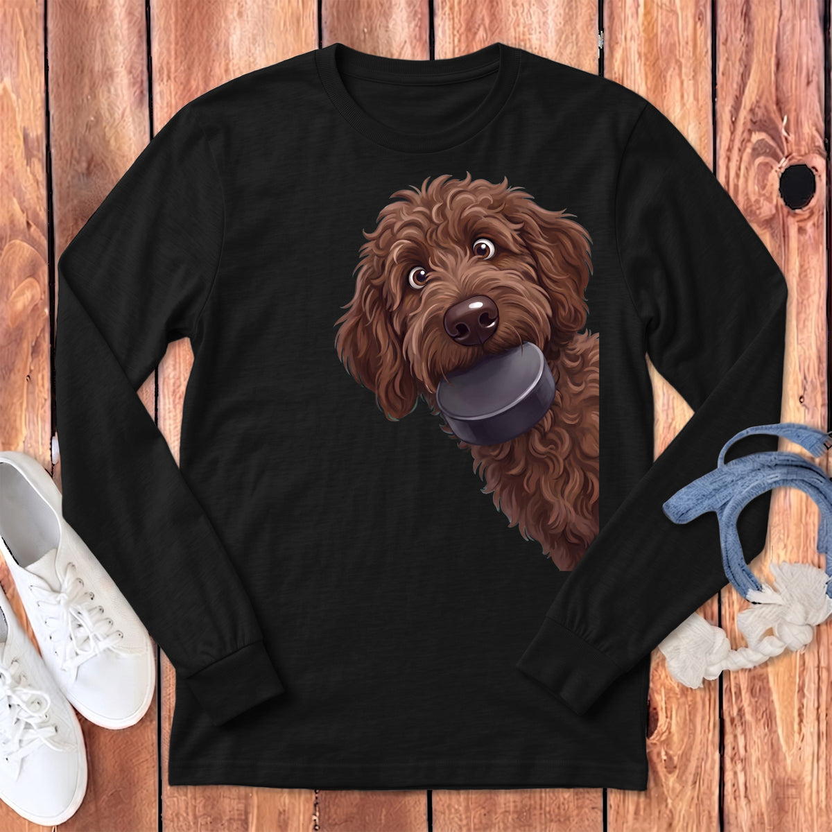 Chocolate Goldendoodle Hockey Puck Long Sleeve T-Shirt in Dark Grey Heather / S by Puppy Jo