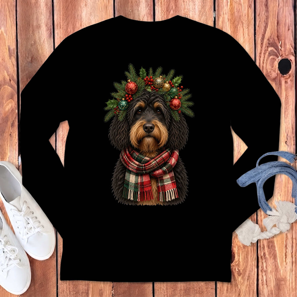 Phantom Goldendoodle Holiday Crown Long Sleeve T-Shirt in Black / S by MyDesigns