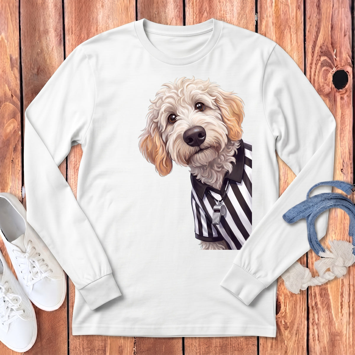 White long-sleeve shirt with a cartoon dog wearing a referee shirt and whistle.