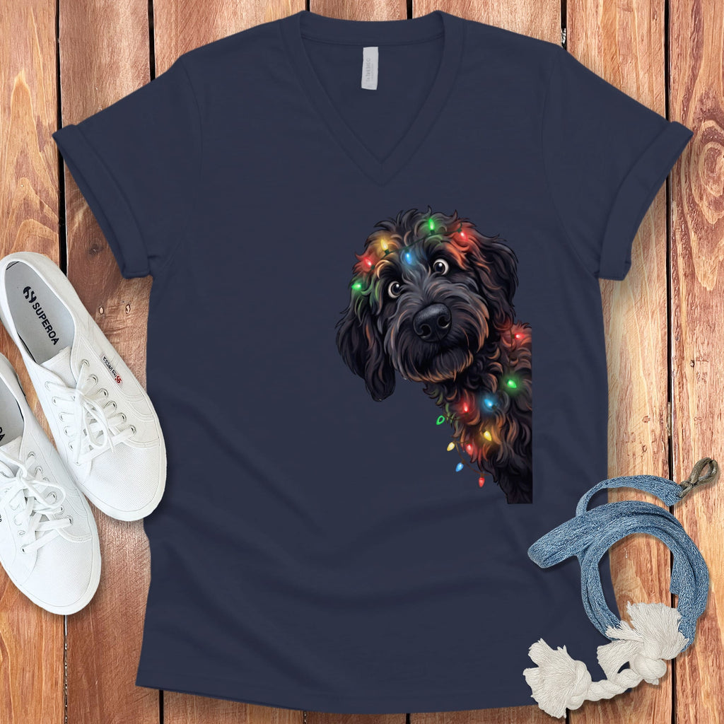 Peeking Black Goldendoodle Holiday V-Neck T-Shirt in Navy / S by Puppy Jo