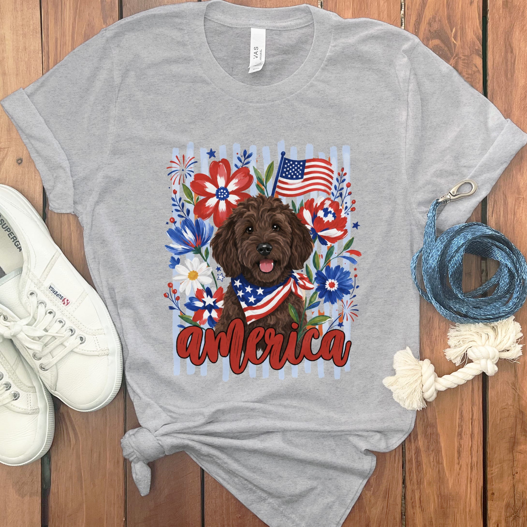 Chocolate Doodle America T-Shirt in Athletic Heather / S by Puppy Jo
