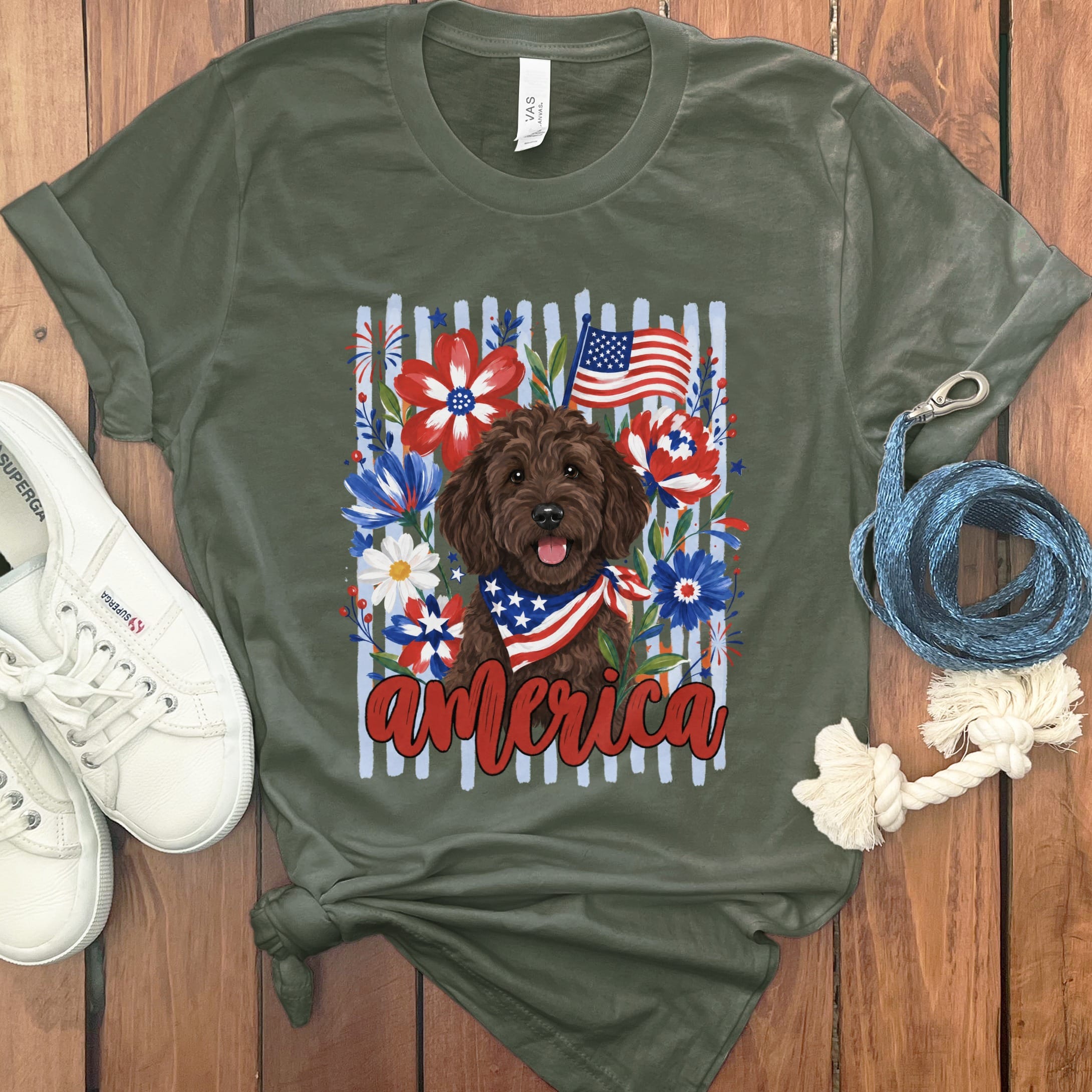 Chocolate Doodle America T-Shirt in Military Green / S by Puppy Jo
