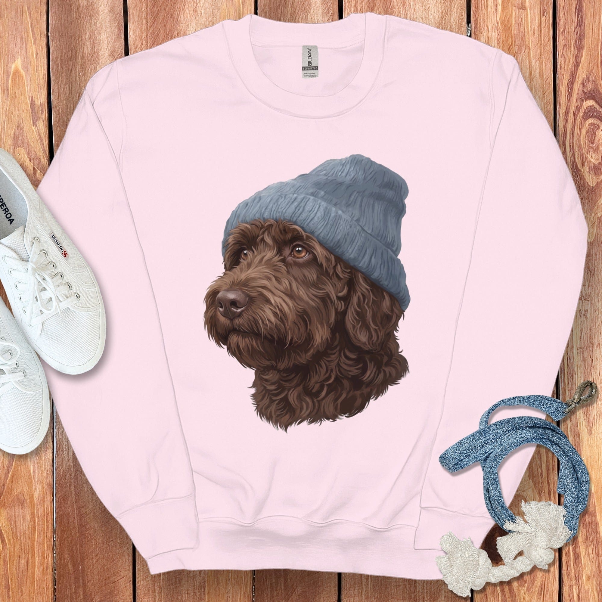 Chocolate Doodle Blue Cap Sweatshirt in Light Pink / M / Sweatshirts by Puppy Jo