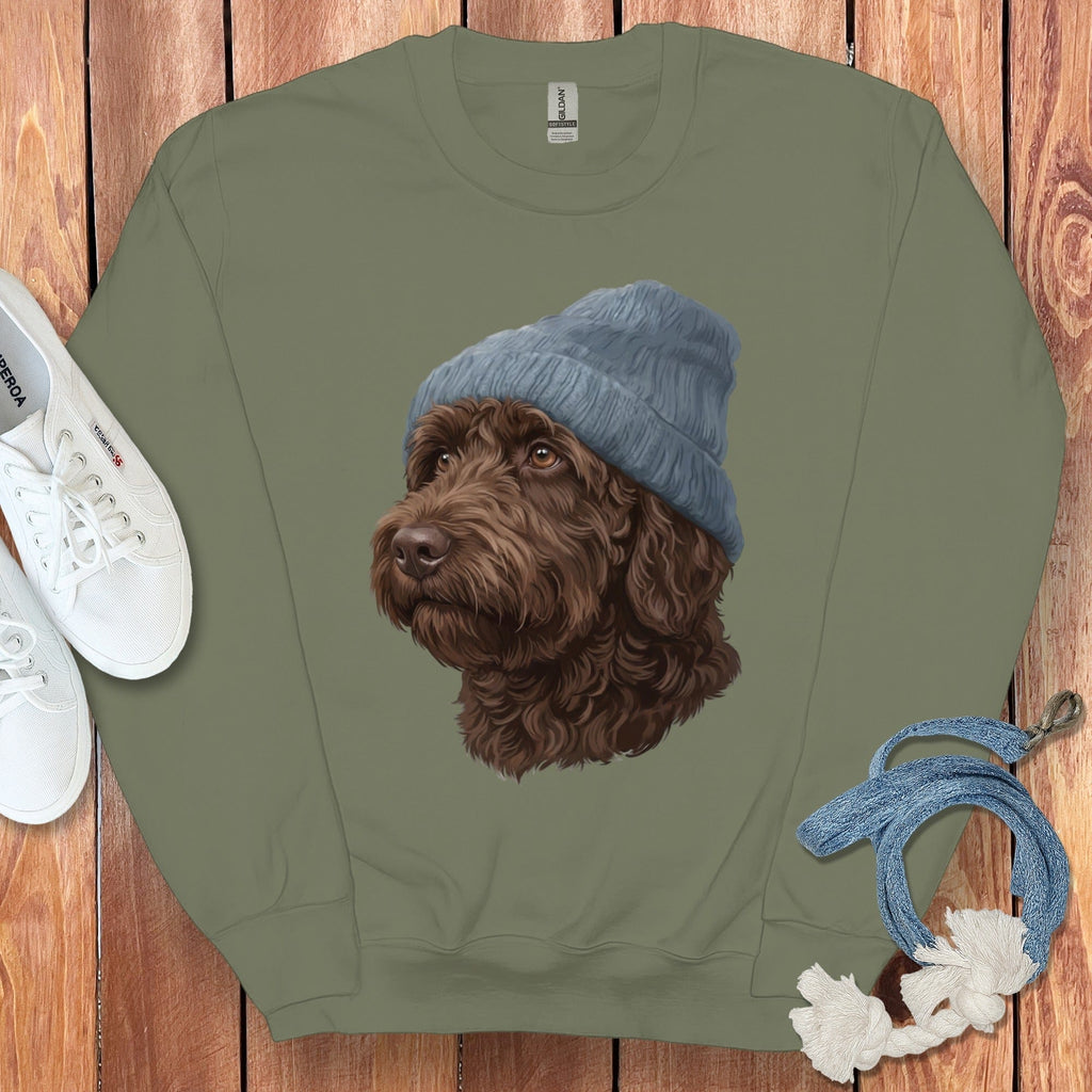 Chocolate Doodle Blue Cap Sweatshirt in Military Green / M / Sweatshirts #1 by Puppy Jo