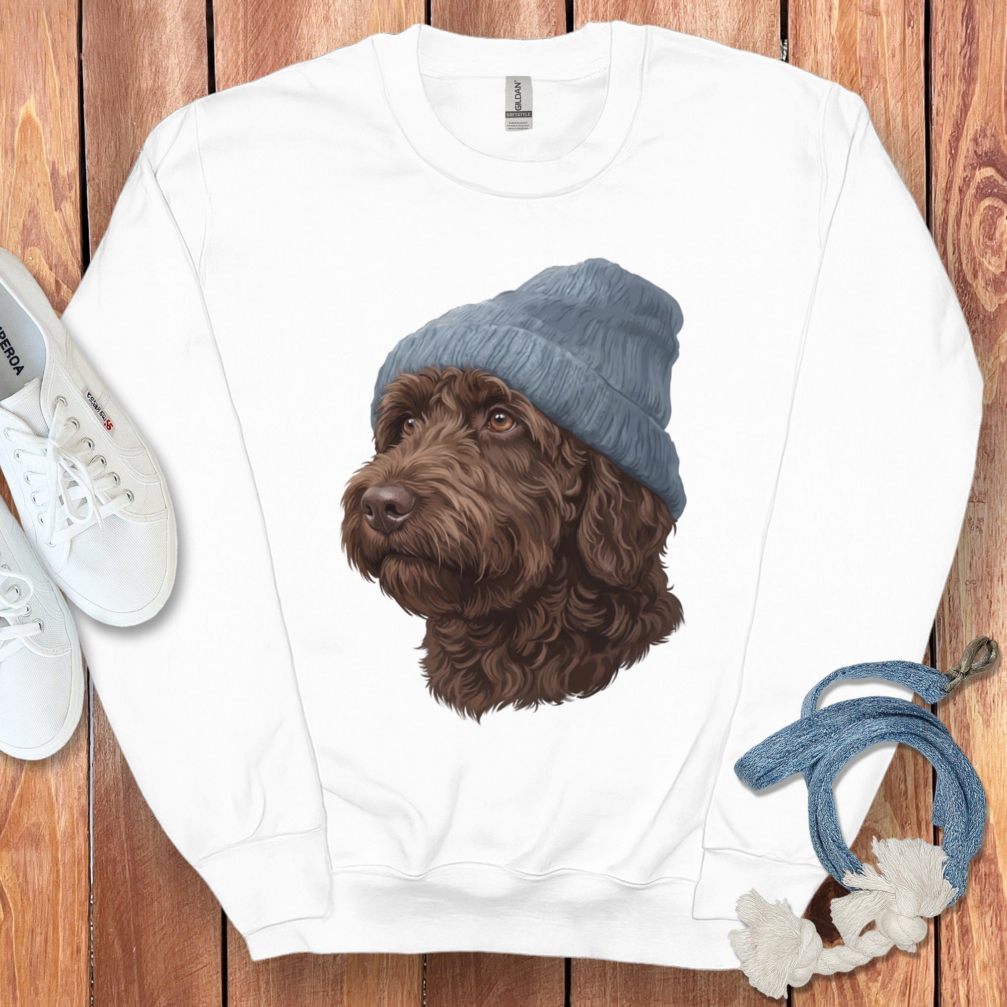 Chocolate Doodle Blue Cap Sweatshirt in White / M / Sweatshirts by Puppy Jo
