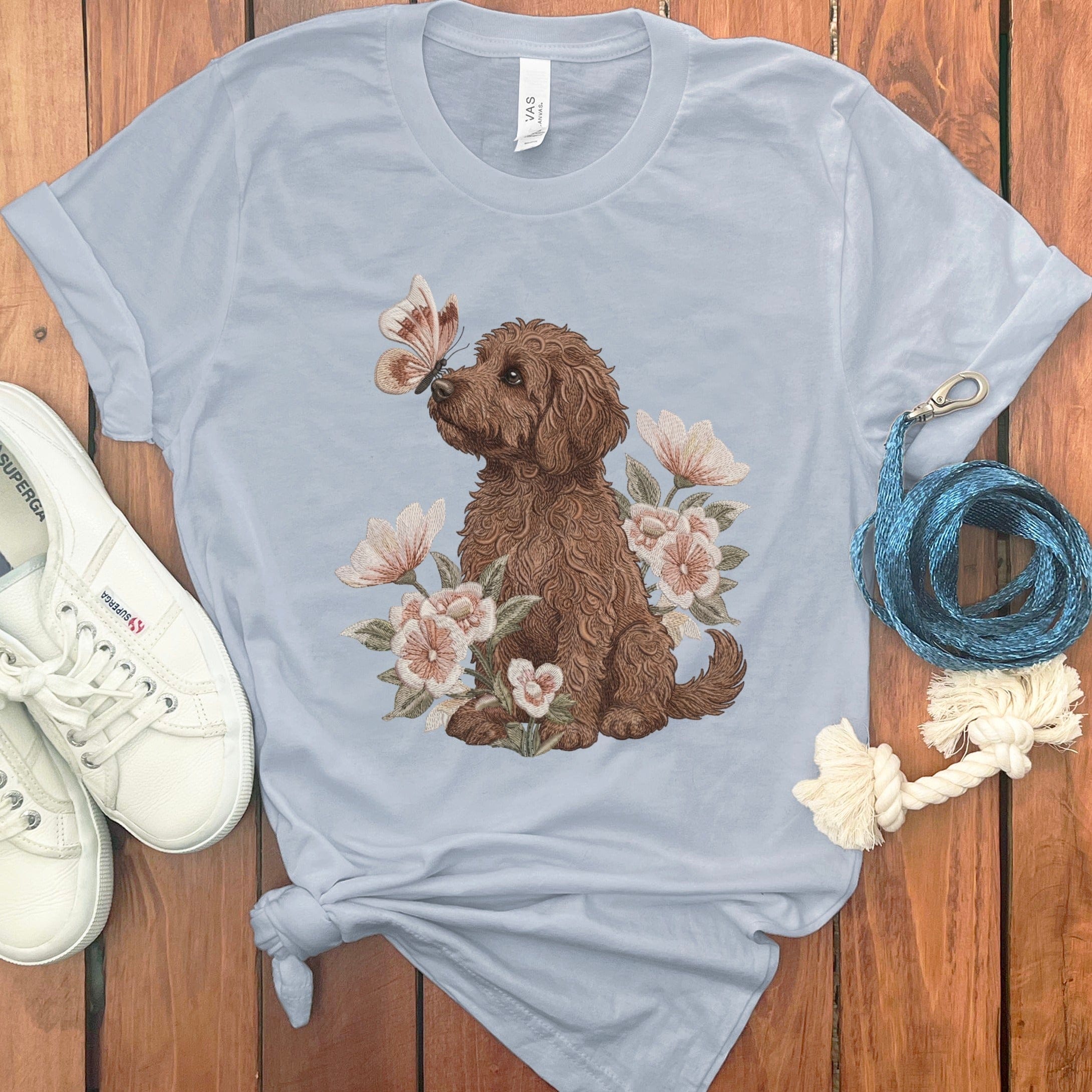 Chocolate Doodle Butterfly Kiss T-Shirt in Light Blue / M by Puppy Jo