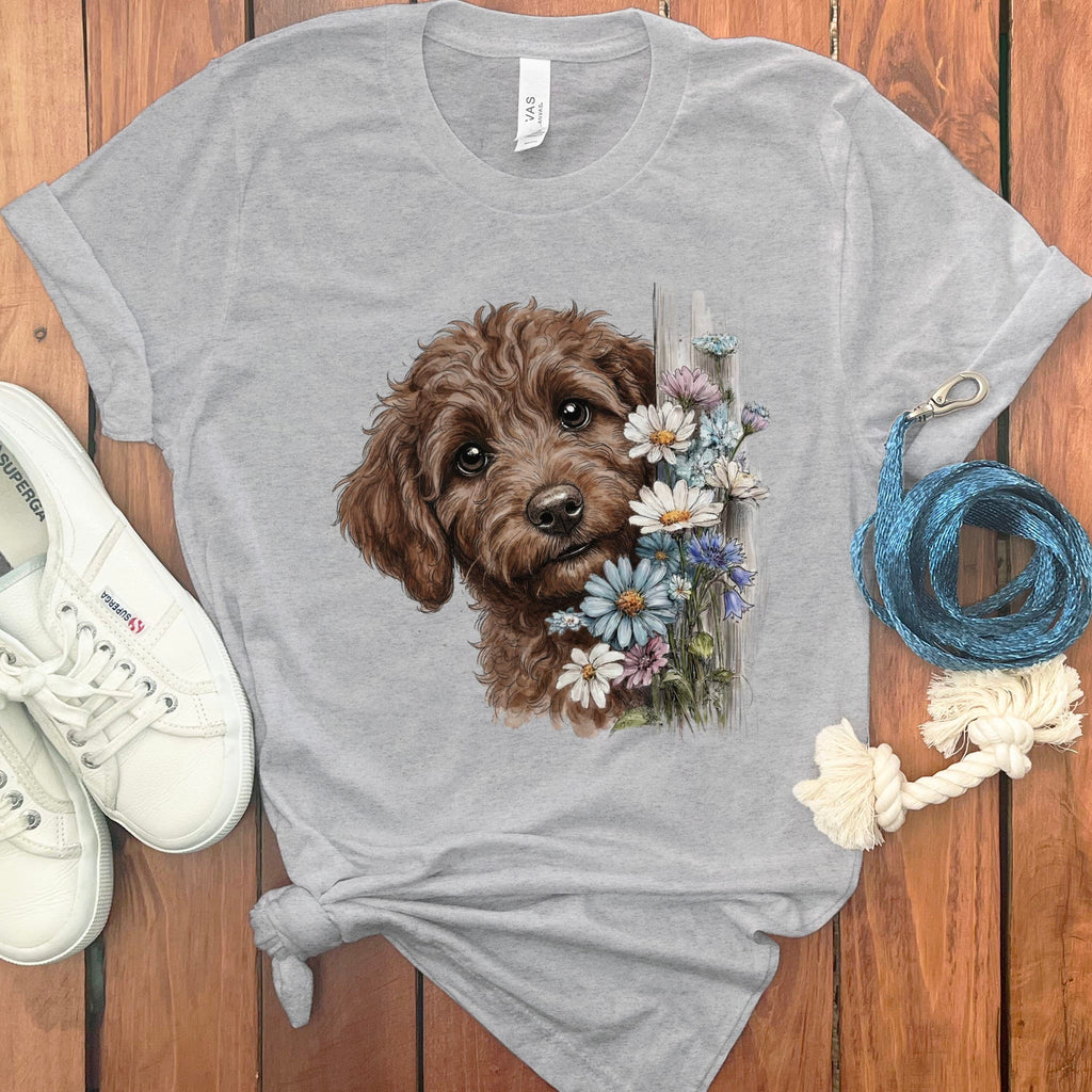 Chocolate Doodle Daisy Peeking T-Shirt in Athletic Heather / S by Puppy Jo