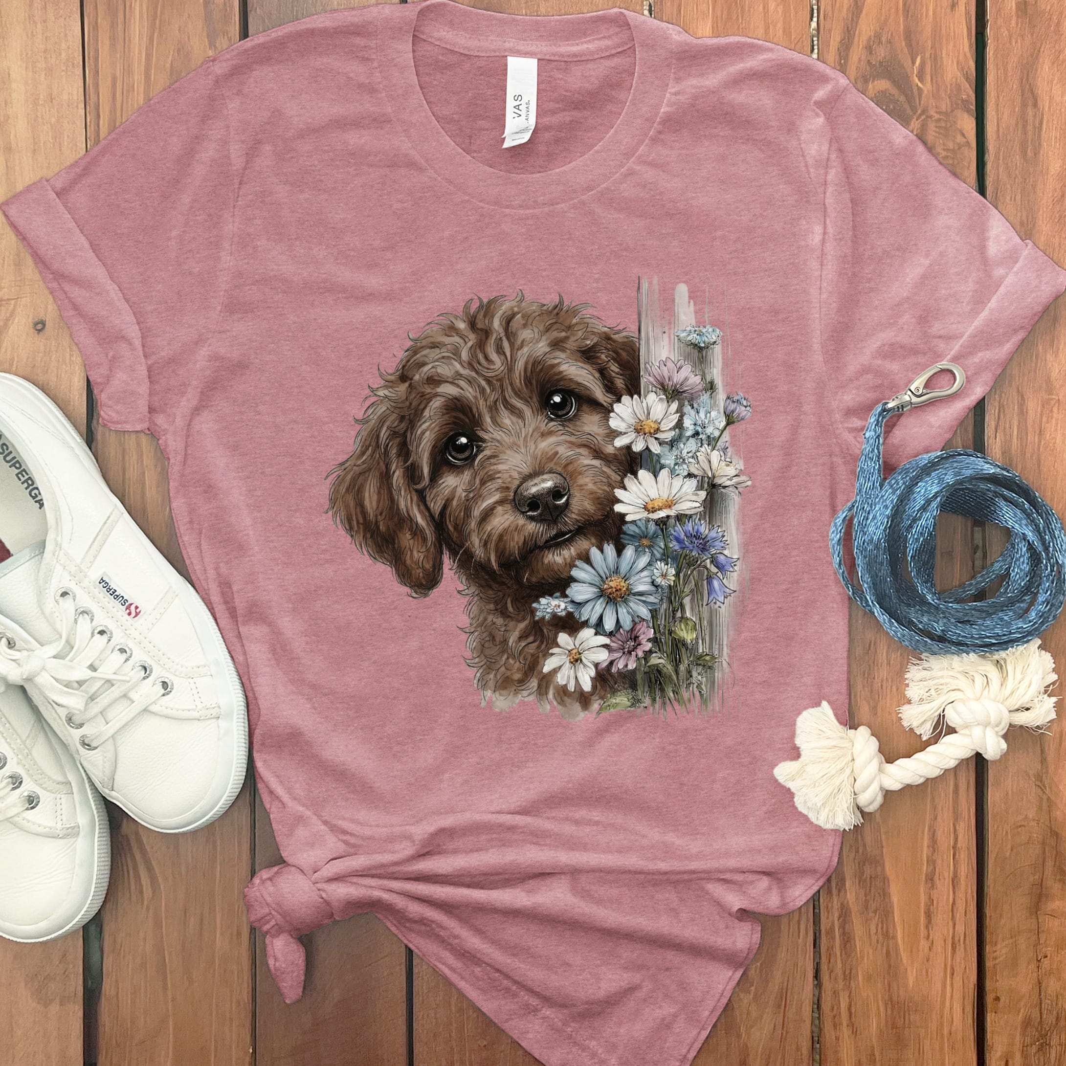 Chocolate Doodle Daisy Peeking T-Shirt in Heather Mauve / S by Puppy Jo