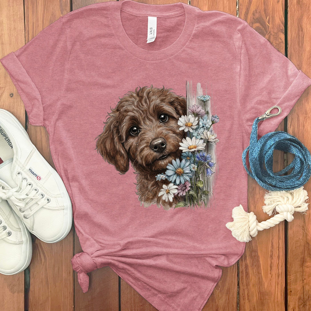 Chocolate Doodle Daisy Peeking T-Shirt in Heather Mauve / S by Puppy Jo