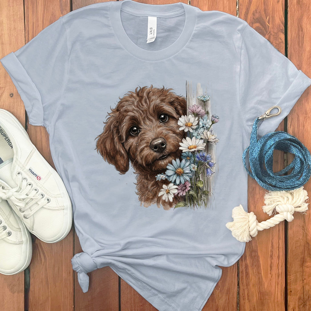 Chocolate Doodle Daisy Peeking T-Shirt in Light Blue / S by Puppy Jo
