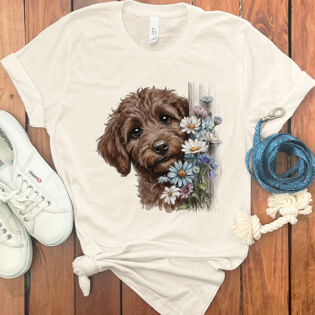 Chocolate Doodle Daisy Peeking T-Shirt in Natural / S by Puppy Jo