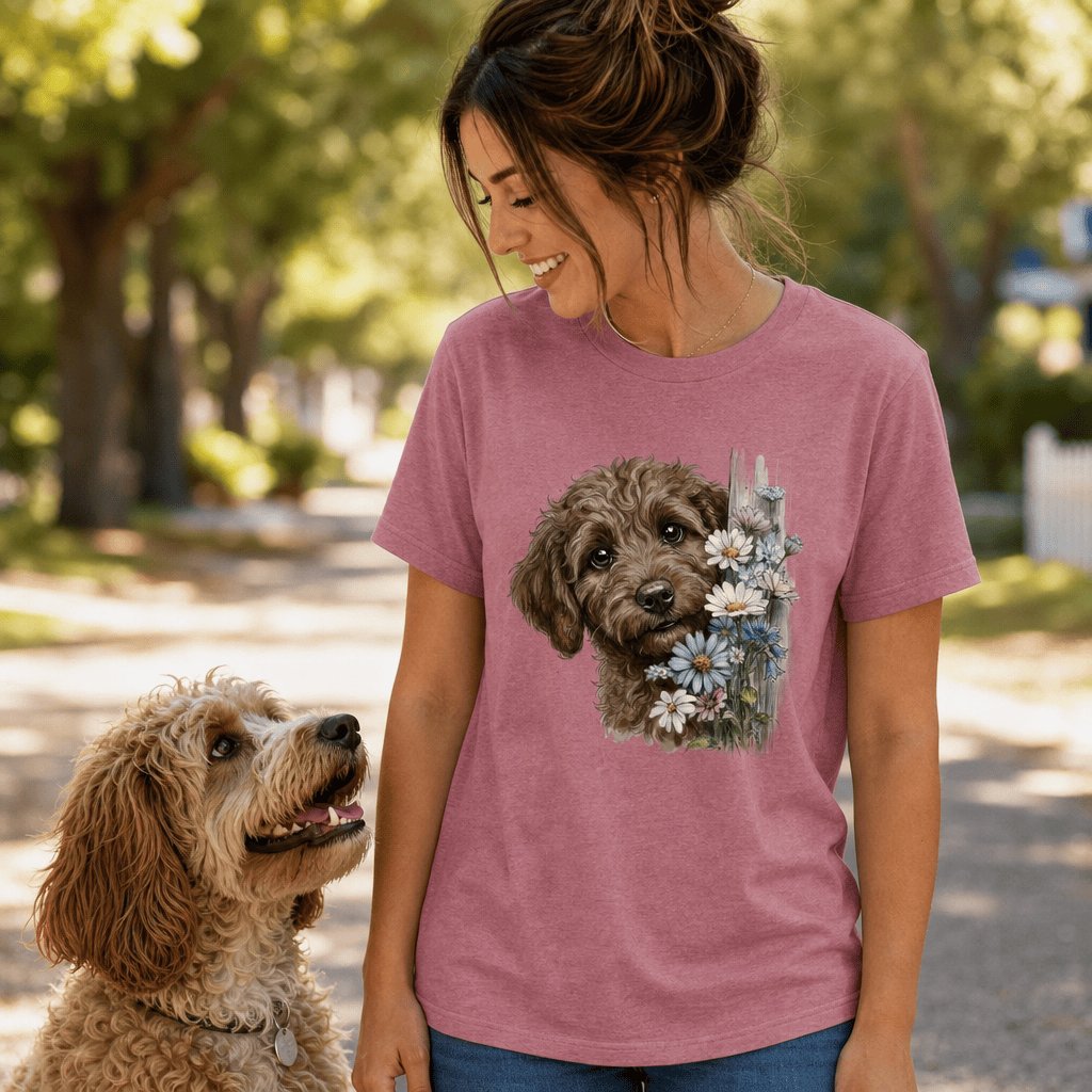 Chocolate Doodle Daisy Peeking T-Shirt in by Puppy Jo