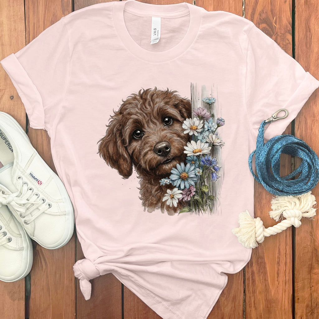 Chocolate Doodle Daisy Peeking T-Shirt in Soft Pink / S by Puppy Jo