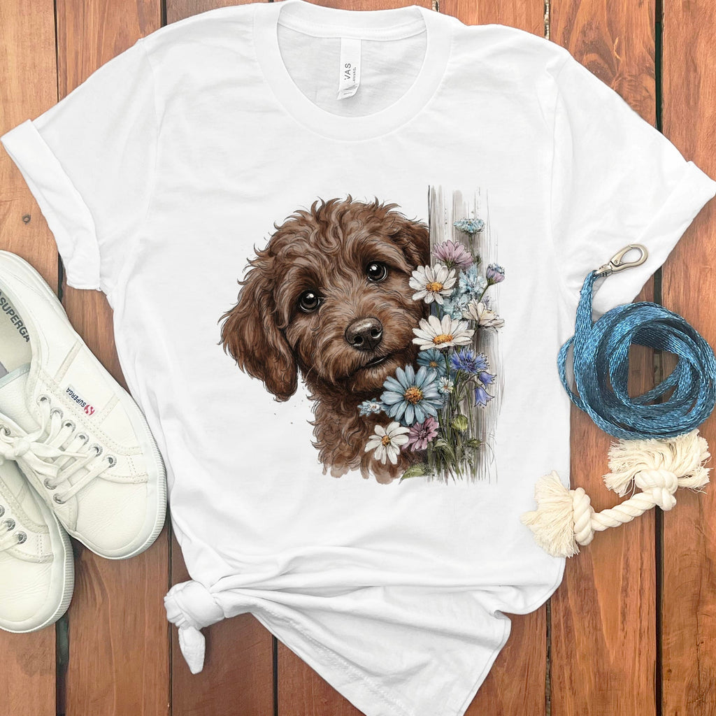 Chocolate Doodle Daisy Peeking T-Shirt in White / S by Puppy Jo