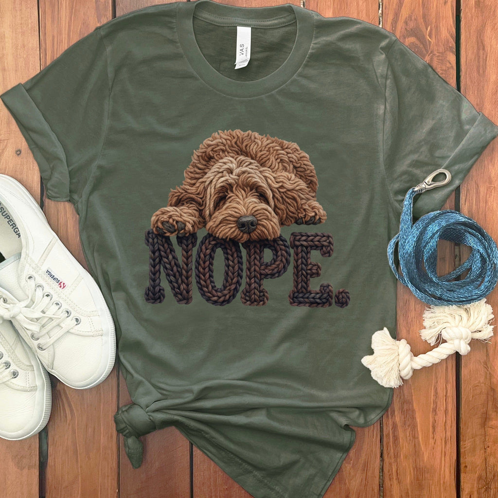 Chocolate Doodle Faux Yarn Nope T-Shirt in Military Green / S by Puppy Jo
