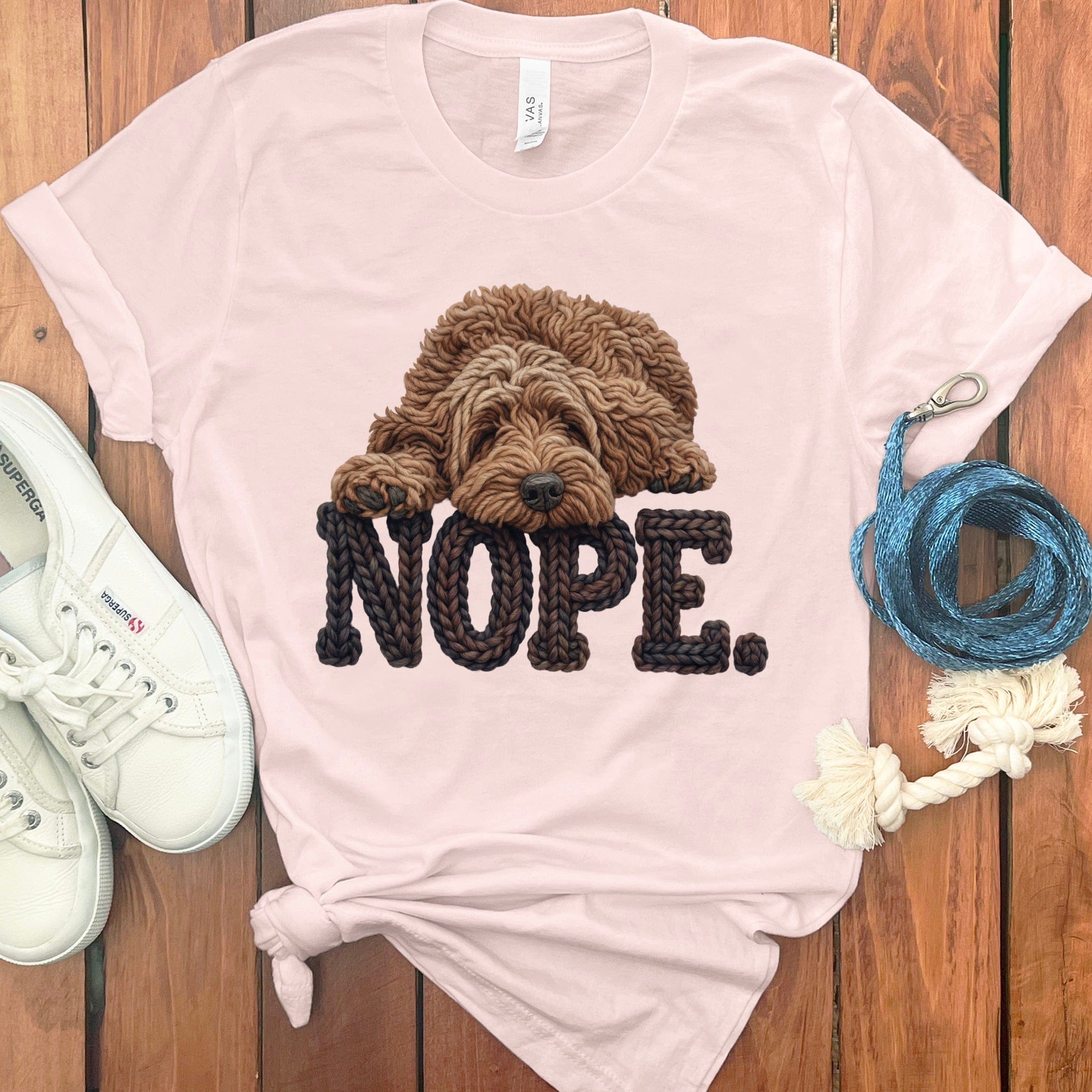 Chocolate Doodle Faux Yarn Nope T-Shirt in Soft Pink / S by Puppy Jo