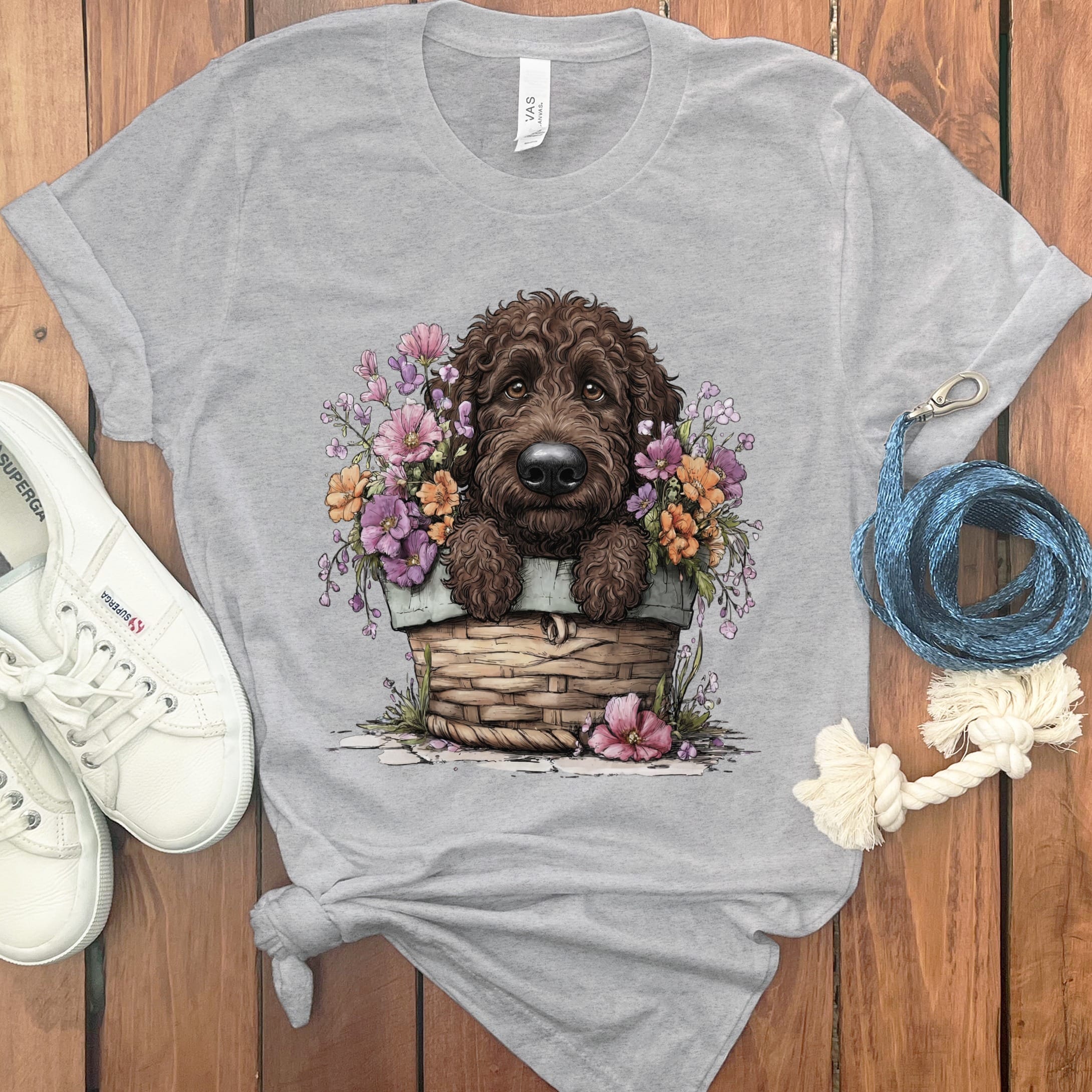 Chocolate Doodle Floral Basket T-Shirt in Athletic Heather / M by Puppy Jo