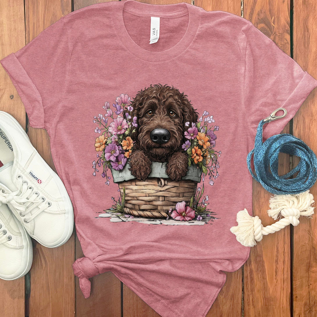 Chocolate Doodle Floral Basket T-Shirt in Heather Mauve / M by Puppy Jo