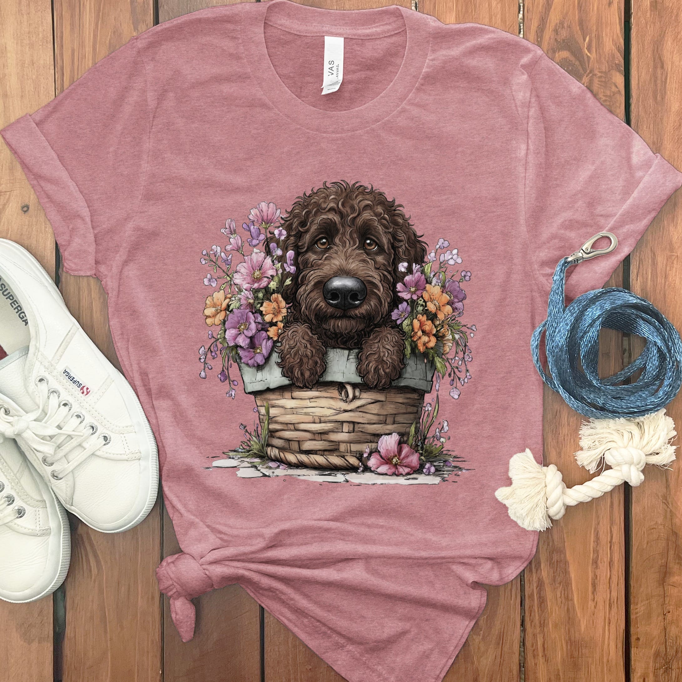 Chocolate Doodle Floral Basket T-Shirt in Heather Mauve / M by Puppy Jo
