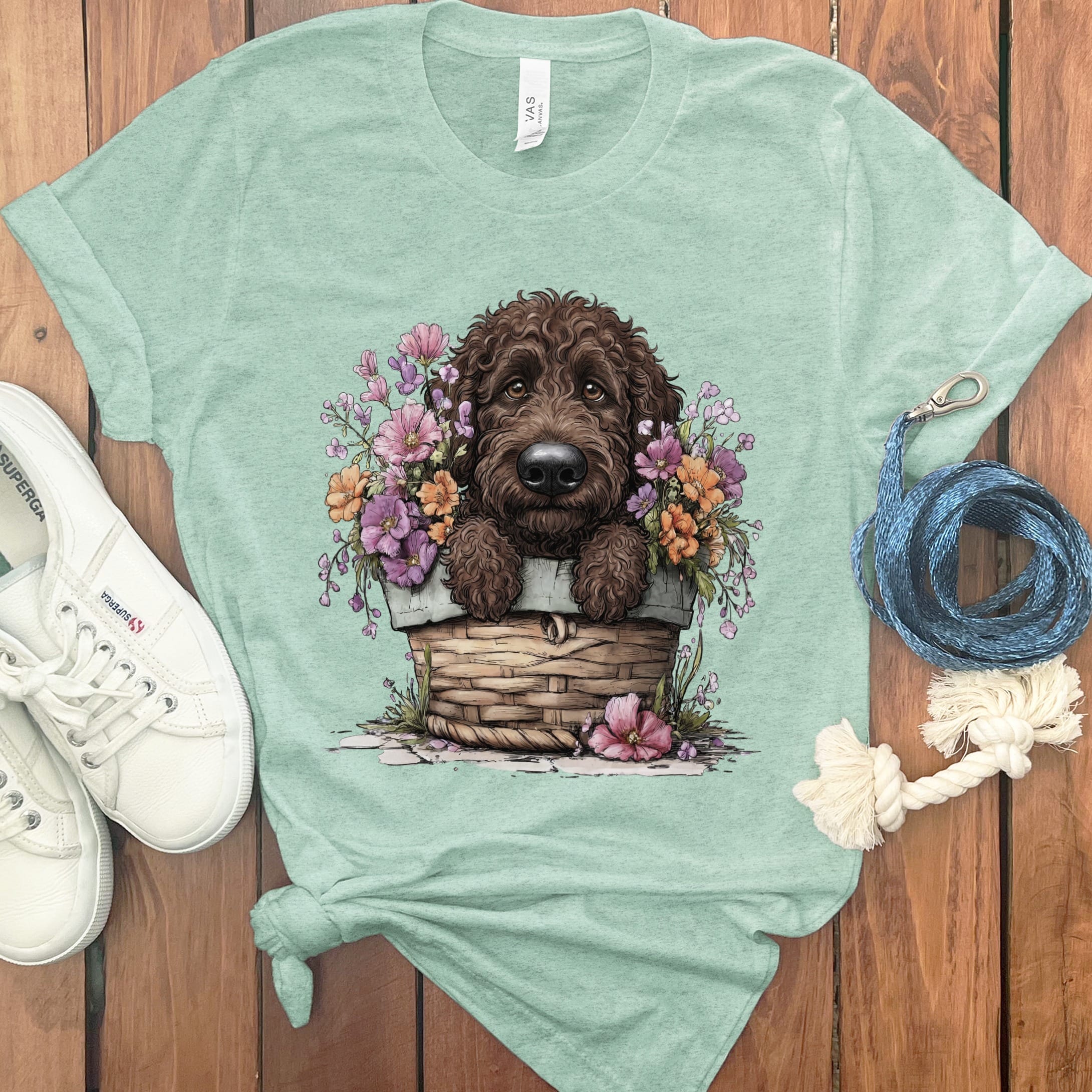 Chocolate Doodle Floral Basket T-Shirt in Heather Mint / XL by Puppy Jo